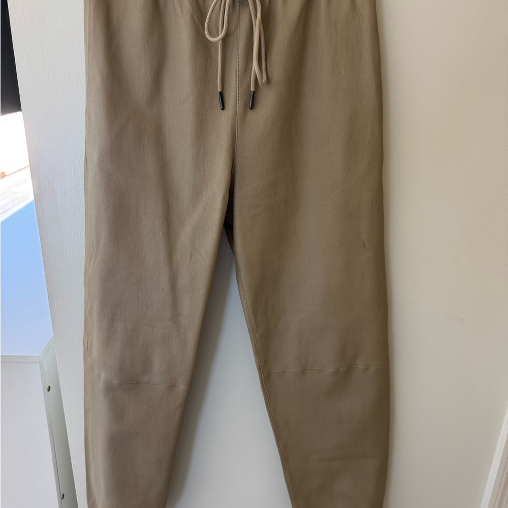 Tan Leather Joggers with Elastic Waistband and Drawstring